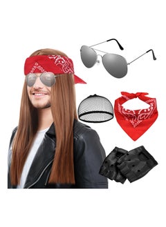 Excefore 90s Rocker Costume Set Rock Costume Includes Wig, Gloves, Wig cap, Sunglasses and Bandanas for Halloween Men Women Cosplay Accessories  - Image 1