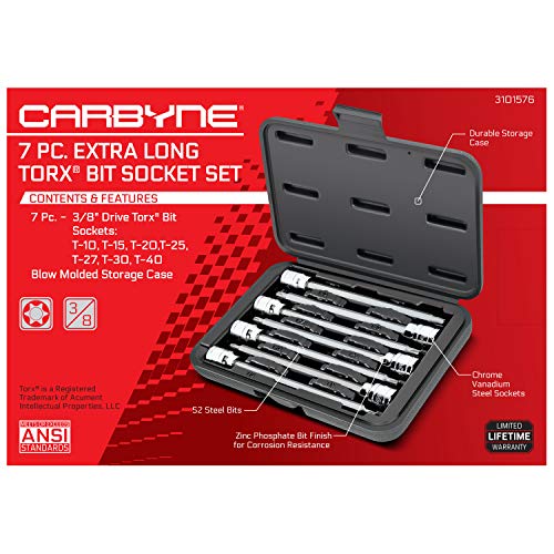 CARBYNE 7-Piece Torx Extra Long Bit Socket Set, T10 to T40 Sizes, 3/8 in. Drive, S2 Steel Bits, CrV Sockets • From a Family-Run Tool Company Based in the U.S.A. - Image 3