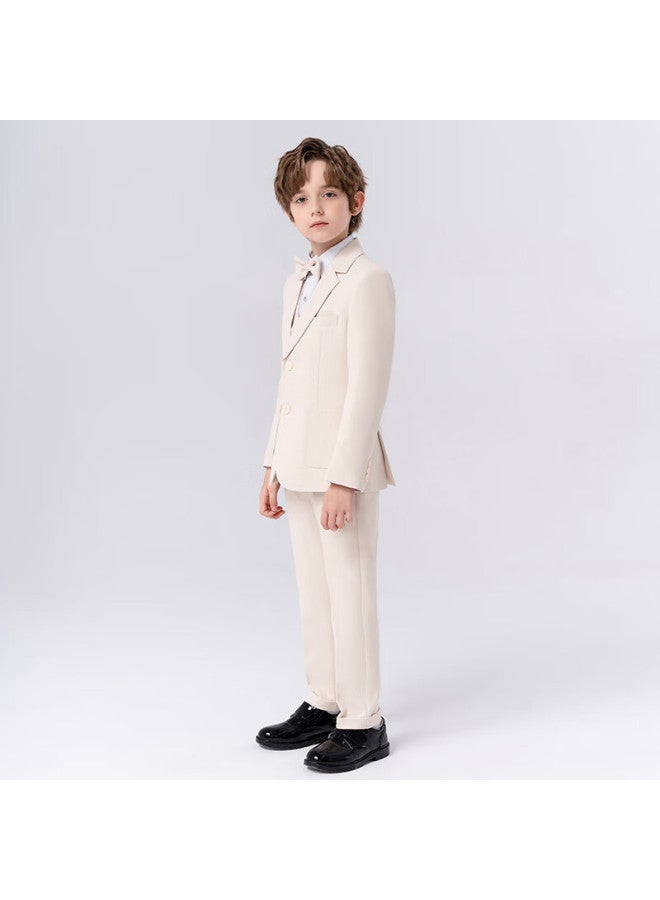 Luobobeibei Children's Suit, Handsome Boys' Formal Wear Set, Toddler Suit For Spring Performances, Beige Five-piece Set, Size 140 - Image 3