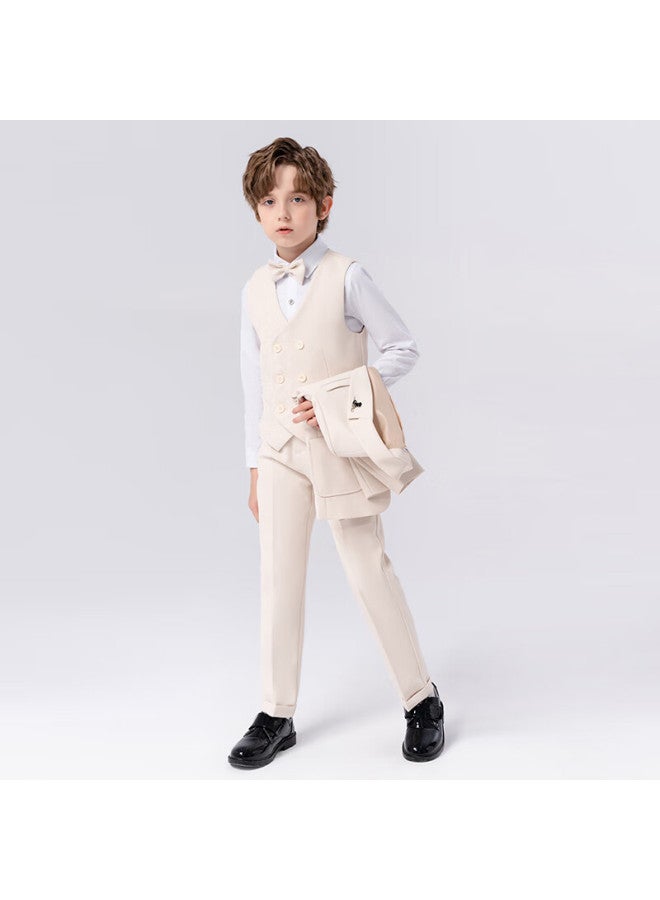 Luobobeibei Children's Suit, Handsome Boys' Formal Wear Set, Toddler Suit For Spring Performances, Beige Five-piece Set, Size 140 - Image 5