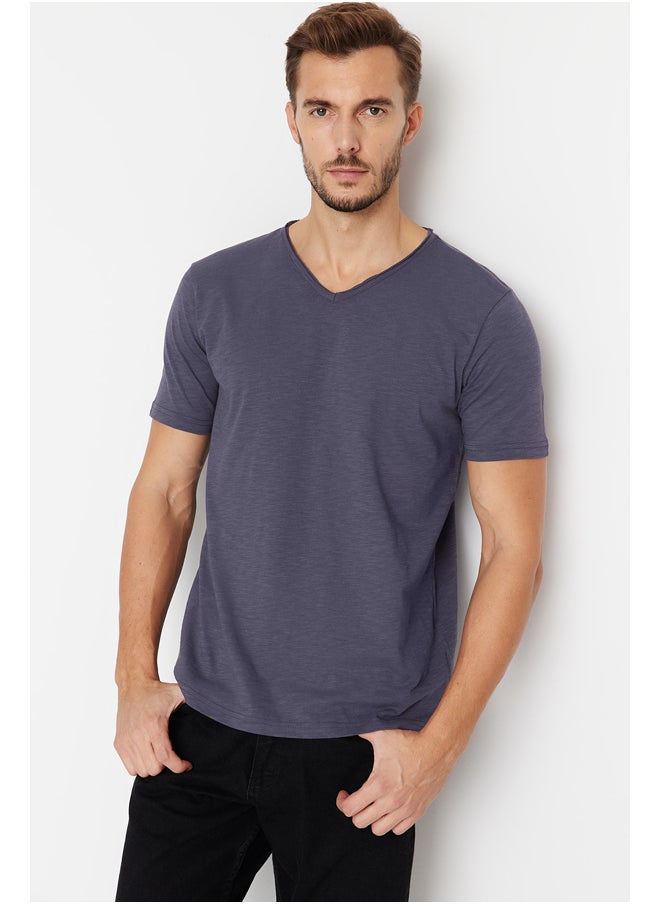 trendyol Anthracite Basic Regular/Normal Fit V Neck 100% Cotton Flamed Single Jersey T-Shirt TMNSS20TS0035  - Image 1