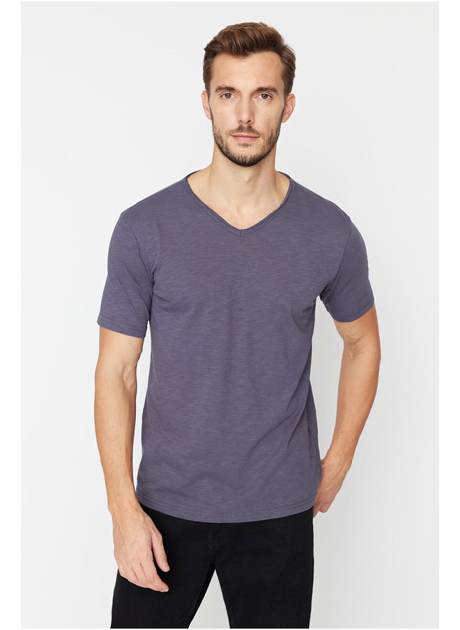 trendyol Anthracite Basic Regular/Normal Fit V Neck 100% Cotton Flamed Single Jersey T-Shirt TMNSS20TS0035  - Image 2