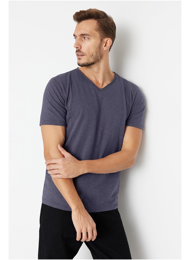 trendyol Anthracite Basic Regular/Normal Fit V Neck 100% Cotton Flamed Single Jersey T-Shirt TMNSS20TS0035  - Image 3