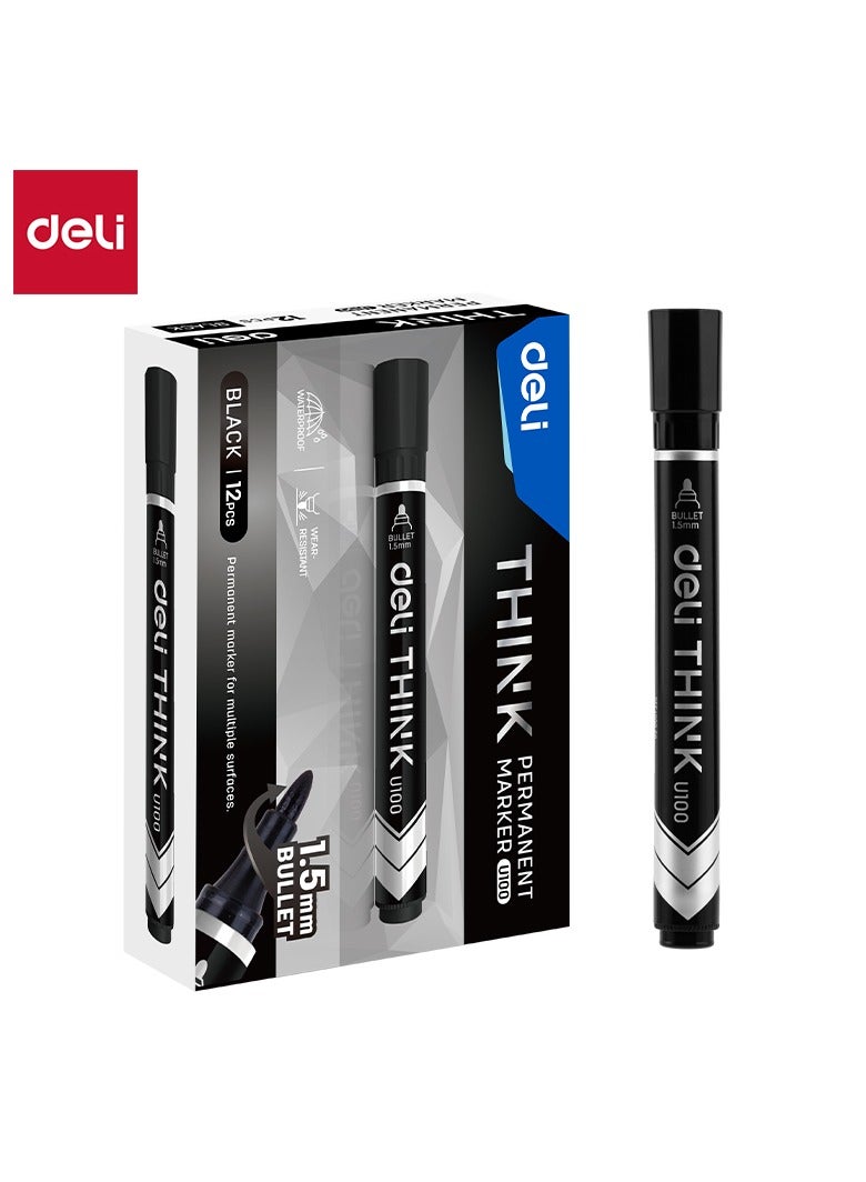 Deli EU10020 Permanent Marker Conical Tip 1.5mm Black 12PCS/Box– Ideal for Office and Industrial Use - Image 1
