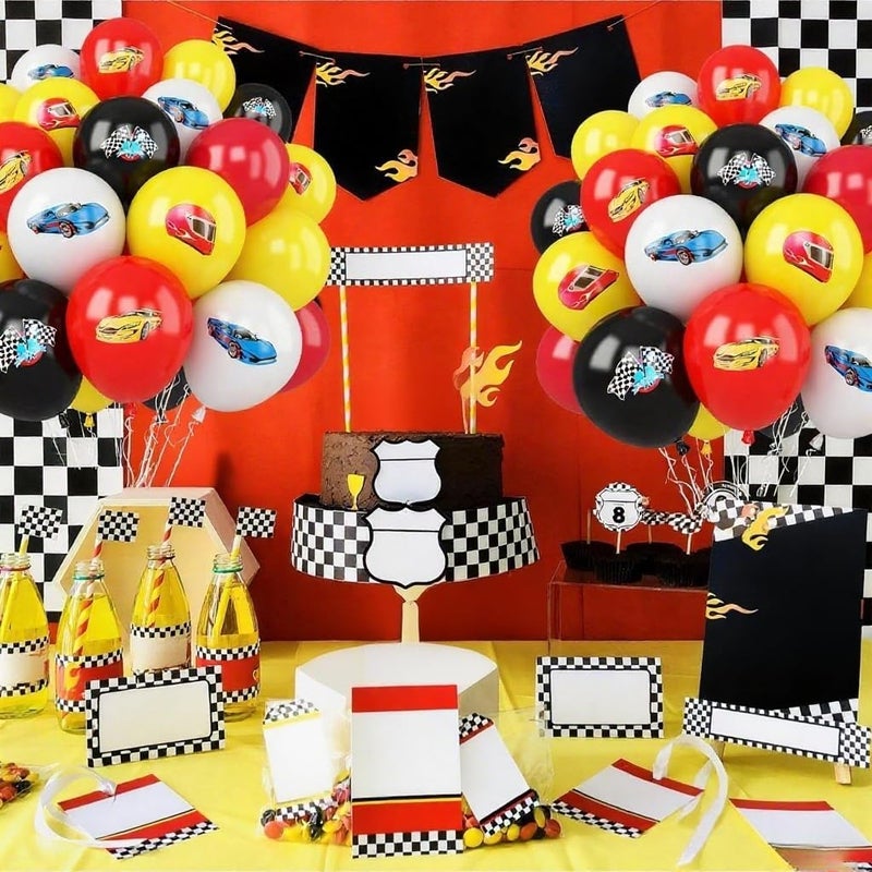 Vibzox Race Cars Balloons,30 Pcs 12inch Red Yellow White Balloons Race Printed Latex Balloon for Checkered Flags Racing them Party Boys Birthday Fast Gathering Decorations Supplies - Image 4
