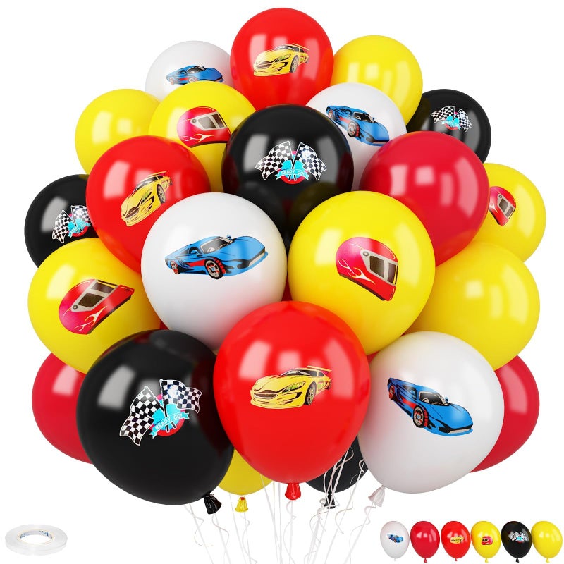Vibzox Race Cars Balloons,30 Pcs 12inch Red Yellow White Balloons Race Printed Latex Balloon for Checkered Flags Racing them Party Boys Birthday Fast Gathering Decorations Supplies - Image 1