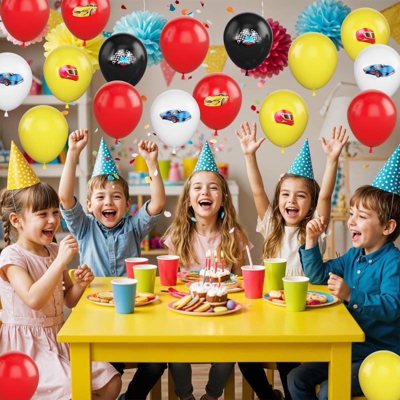 Vibzox Race Cars Balloons,30 Pcs 12inch Red Yellow White Balloons Race Printed Latex Balloon for Checkered Flags Racing them Party Boys Birthday Fast Gathering Decorations Supplies - Image 3