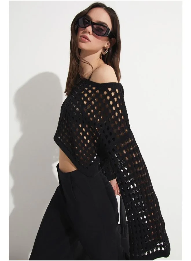 JUNE June Perforated Crop Sweater Black