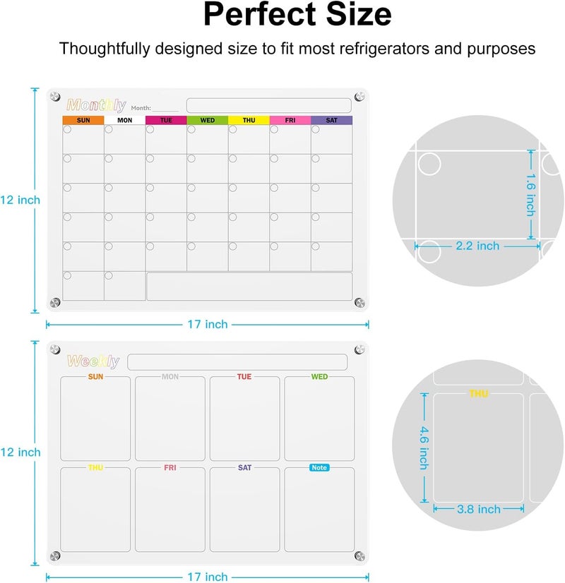 Bailkind Acrylic Magnetic Dry Erase Board for Fridge, Monthly & Weekly Calendar Planner Note Board Set for Refrigerator/Glass/Kitchen/Office, 6 Colors Markers (2-Pack, 17"x12") - Image 5