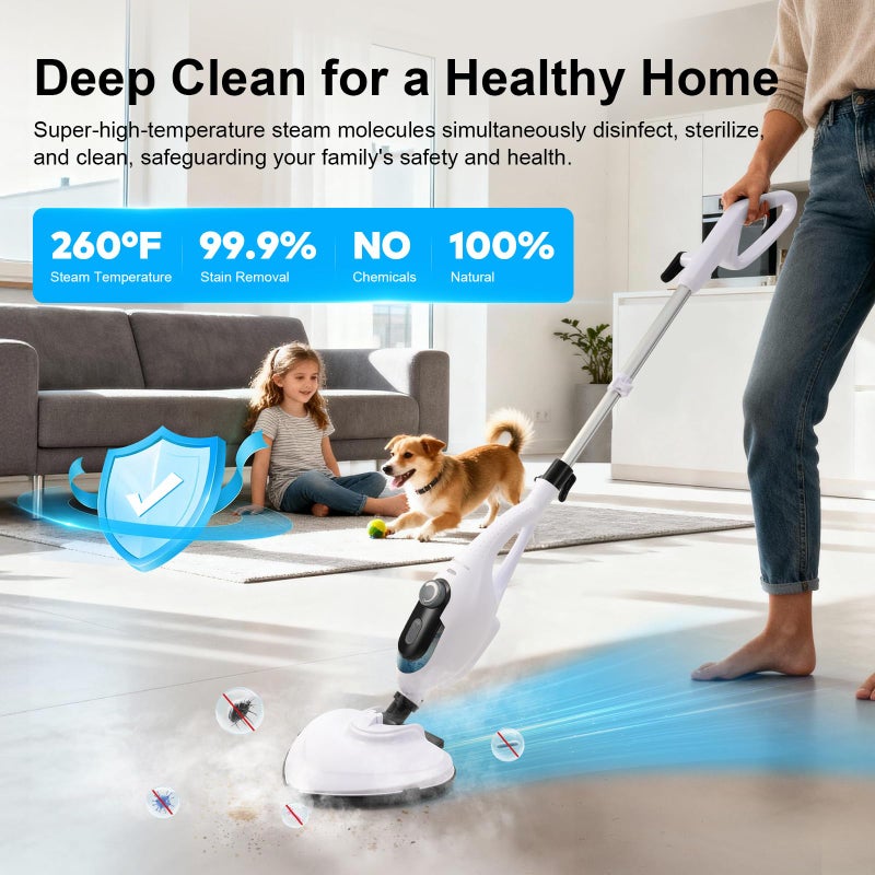 McovaringMee 11-in-1 Steam Mop, 1550W Powerful Handheld Steam Cleaner, 260Â°F Multi-Functional Floor Steamer with 21.3FT Cord for Floors, Hardwood, Tiles, Grout, Windows, Kitchen, Bath, Adjustable (White) - Image 4