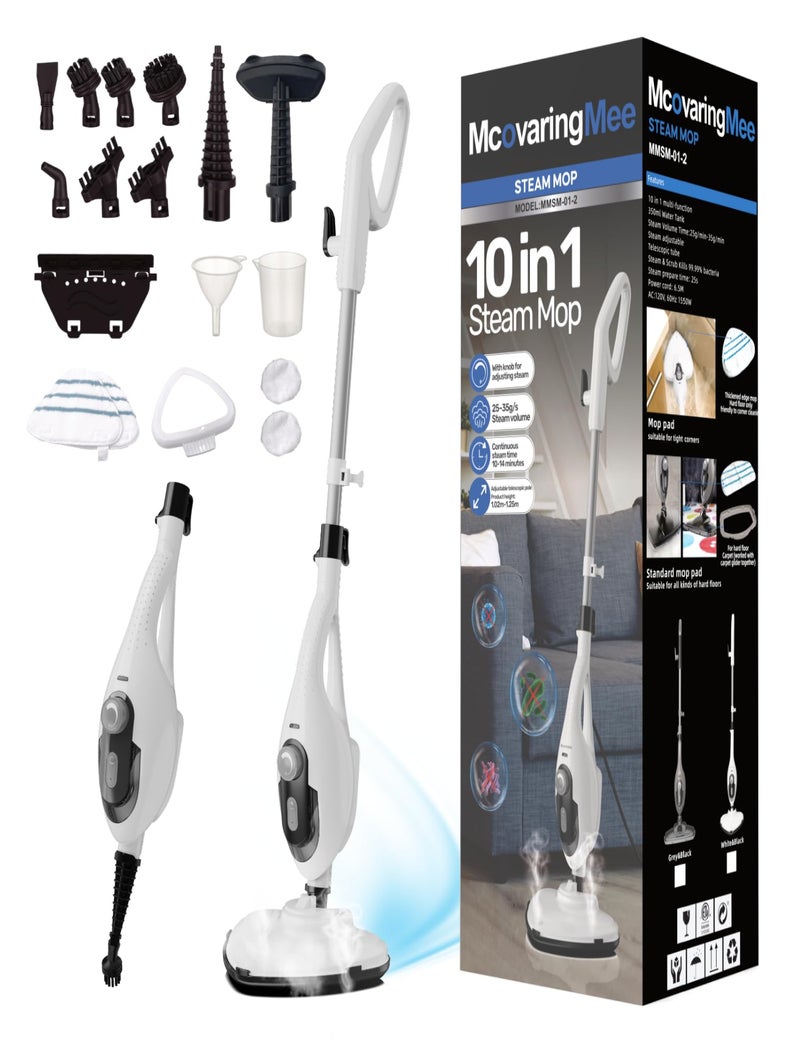 McovaringMee 11-in-1 Steam Mop, 1550W Powerful Handheld Steam Cleaner, 260Â°F Multi-Functional Floor Steamer with 21.3FT Cord for Floors, Hardwood, Tiles, Grout, Windows, Kitchen, Bath, Adjustable (White) - Image 1