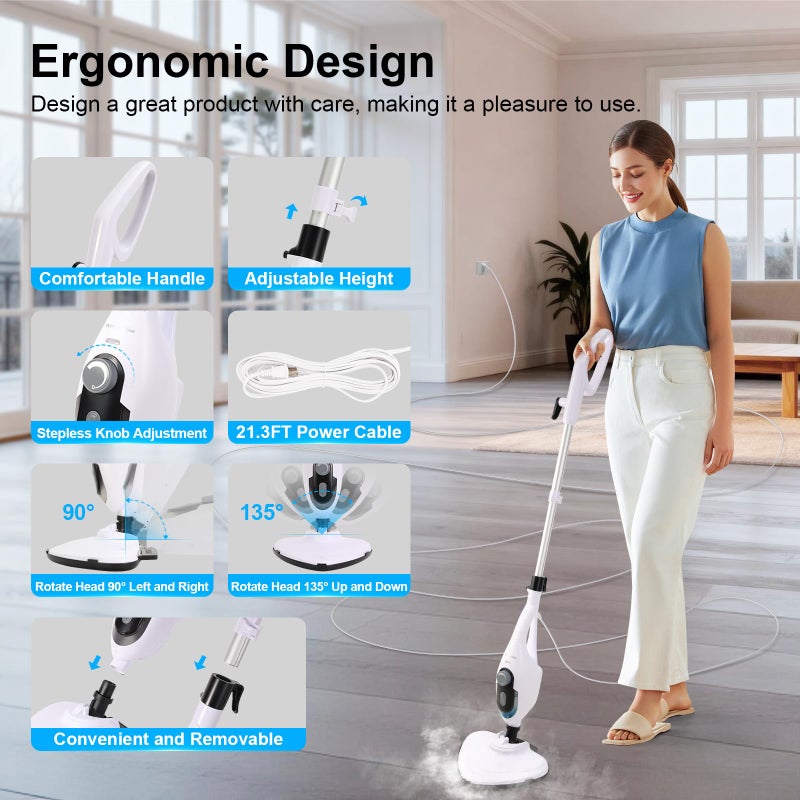 McovaringMee 11-in-1 Steam Mop, 1550W Powerful Handheld Steam Cleaner, 260Â°F Multi-Functional Floor Steamer with 21.3FT Cord for Floors, Hardwood, Tiles, Grout, Windows, Kitchen, Bath, Adjustable (White) - Image 3