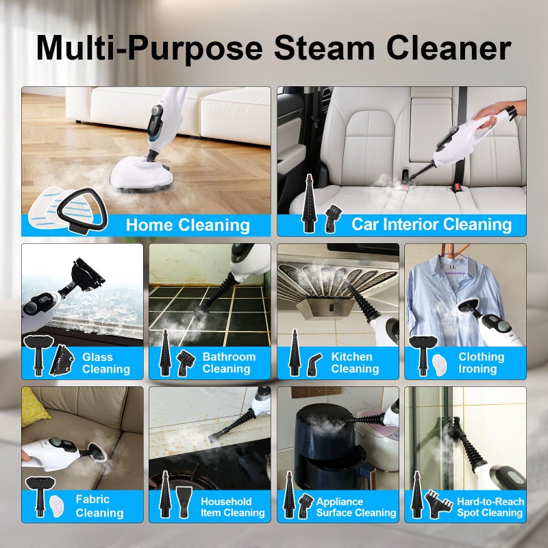 McovaringMee 11-in-1 Steam Mop, 1550W Powerful Handheld Steam Cleaner, 260Â°F Multi-Functional Floor Steamer with 21.3FT Cord for Floors, Hardwood, Tiles, Grout, Windows, Kitchen, Bath, Adjustable (White) - Image 5