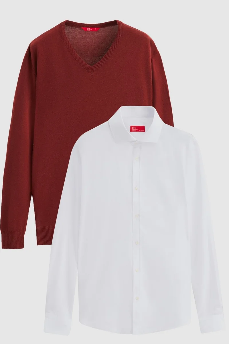 D'S DAMAT Slim Fit Brick Cotton Blend 2-Piece V Neck Knitwear and Shirt 1HC0206VBN01