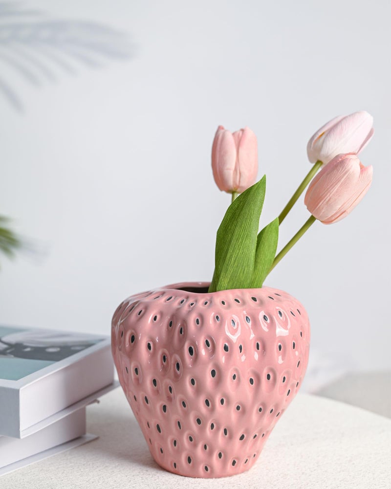 DN DECONATION dn dnation Pink Strawberry Vase for Flower Strawberry Planter Pot for Girls فريدة من نوعها مزهريات الفاكهة السيراميك لحفل الفراولة زخارف المطبخ - Image 1