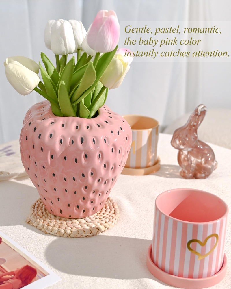 DN DECONATION dn dnation Pink Strawberry Vase for Flower Strawberry Planter Pot for Girls فريدة من نوعها مزهريات الفاكهة السيراميك لحفل الفراولة زخارف المطبخ - Image 3