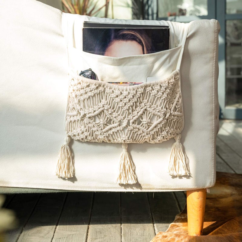 Mkono Macrame Couch Organizer Remote Control Caddy Sofa Armrest Armchair Bedside Storage Holder Bag for TV Remote, Magazine, Books, Cell Phone, iPad, Boho Living Room Home Dorm Decor, Beige - Image 1