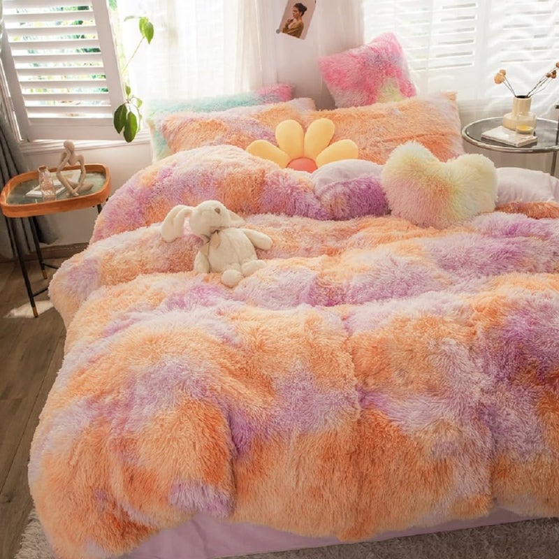 SUCSES Plush Shaggy Duvet Cover Set for Girls 3 Pcs Fluffy Full Size Bedding Sets Faux Fur Tie Dye Teen Girl Bed Set Colorful Rainbow Ombre Comforter Cover Set Pink Orange Full