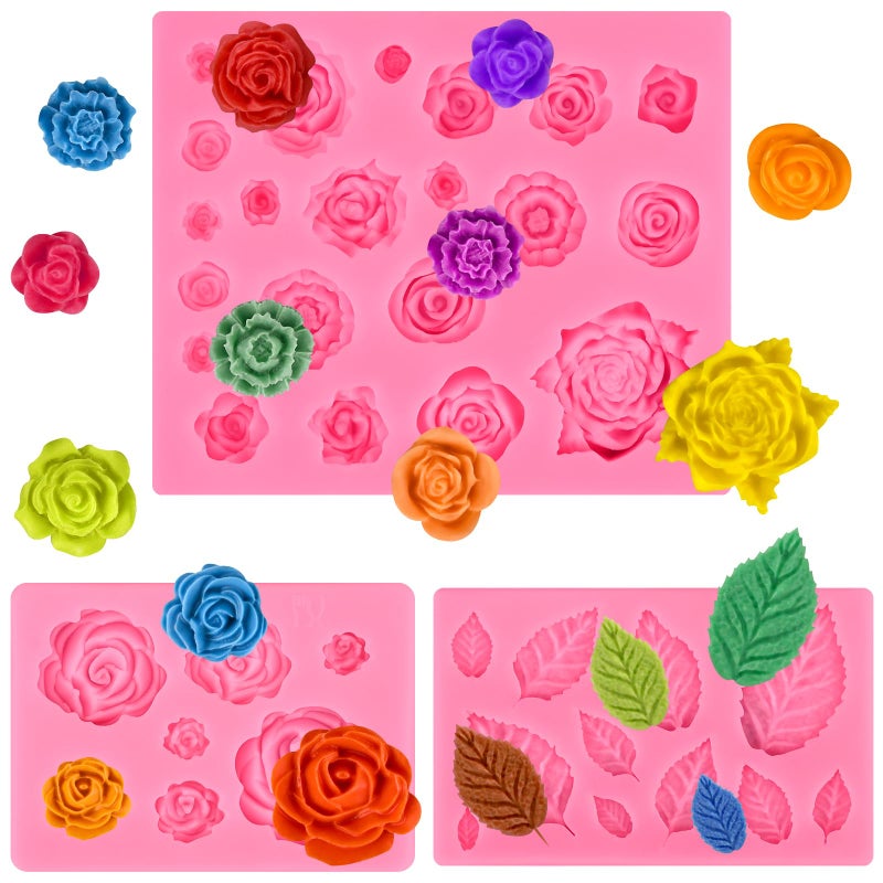 Actvty Rose Flower Silicone Mold, Leaves Candy Mold, 3 Pcs Mini Rose and Leaf Silicone Molds for Chocolate Fondant Sugarcraft Clay Candy Gummy Cupcake Toppers Cake Decorating - Image 1