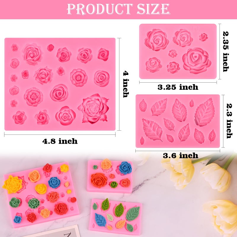 Actvty Rose Flower Silicone Mold, Leaves Candy Mold, 3 Pcs Mini Rose and Leaf Silicone Molds for Chocolate Fondant Sugarcraft Clay Candy Gummy Cupcake Toppers Cake Decorating - Image 2