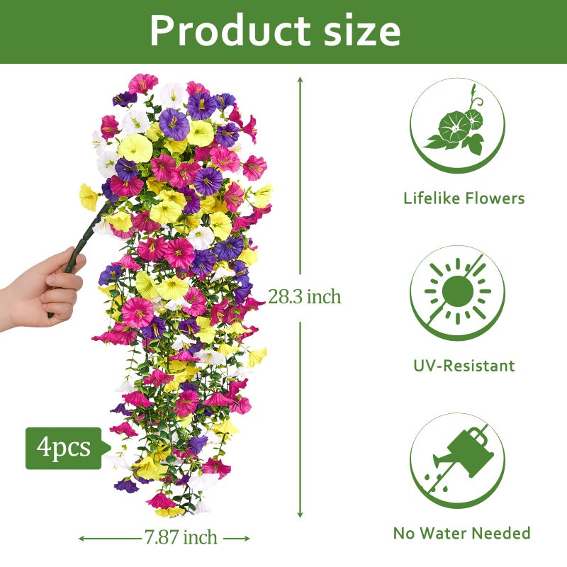 Serwalin Artificial Hanging Flowers for Outdoors UV Resistant, 4PCS Faux Morning Glory Fake Outdoor Flowers Realistic Silk Flower Plants for Outside Planter Front Door Porch Patio Yard Decor - Image 5