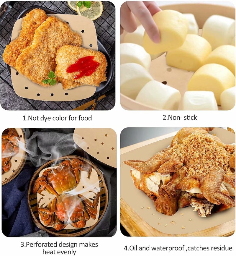 DNSSY Air Fryer Parchment Paper Liners: 200PCS 8.5 inch Square Perforated parchment paper for Air Fryer, Premium Bamboo Steamer Liner for Air Fryers Baking Cooking Oven - Image 5