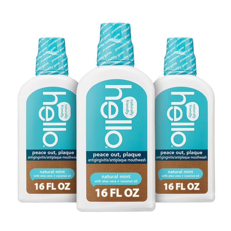 Hello لوحة مرحبا سلام، غسول فم مضاد للتهاب اللثة خالي من الكحول، نعناع طبيعي مع جل الصبار وزيت جوز الهند، خالي من الفلورايد، نباتي، خالي من SLS وخالي من الجلوتين، 16 أونصة (عبوة من 3) - Image 1