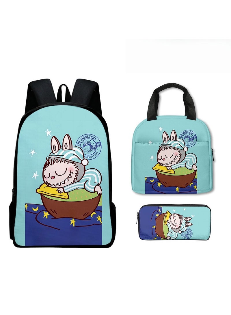 لابوبو حقيبة ظهر لابوبو الابتدائية، بتصميم كرتوني، مقاس 40*30*13 سم، حقيبة غداء مقاس 21*20*11.5 سم، حقيبة أقلام مقاس 22*11*5 سم، طقم من ثلاث قطع. - Image 1