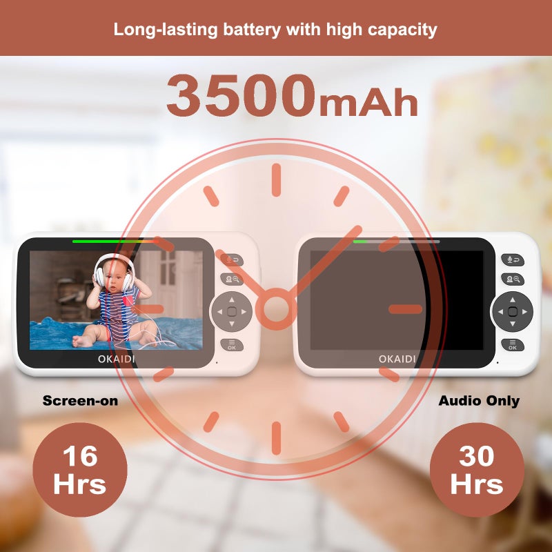 OKAIDI Video Baby Monitor with Camera and Audio, 5" Display Baby Monitor No WiFi, 30H Battery and 1000ft Range, Remote Pan-Tilt-Zoom Baby Camera, Night Vision, 2-Way Talk, ECO, Temperature, Lullaby - Image 3