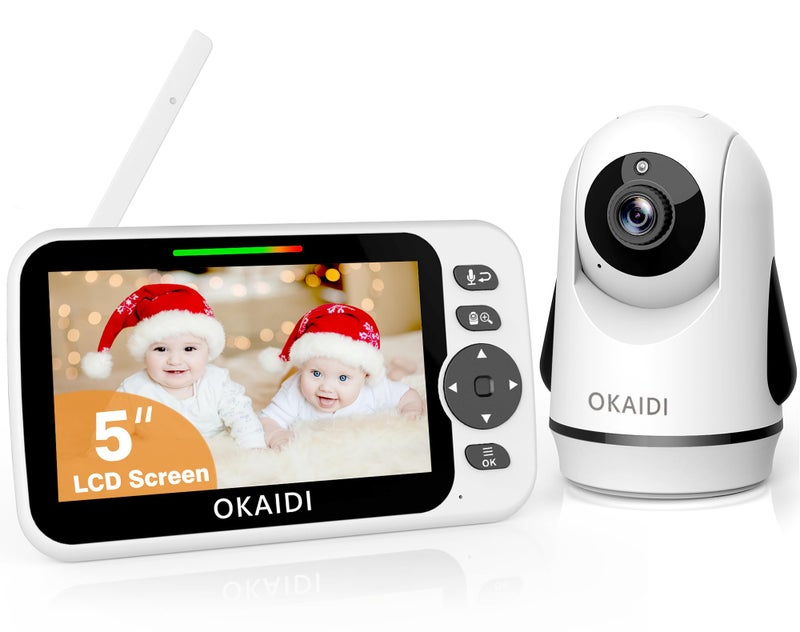 OKAIDI Video Baby Monitor with Camera and Audio, 5" Display Baby Monitor No WiFi, 30H Battery and 1000ft Range, Remote Pan-Tilt-Zoom Baby Camera, Night Vision, 2-Way Talk, ECO, Temperature, Lullaby - Image 1