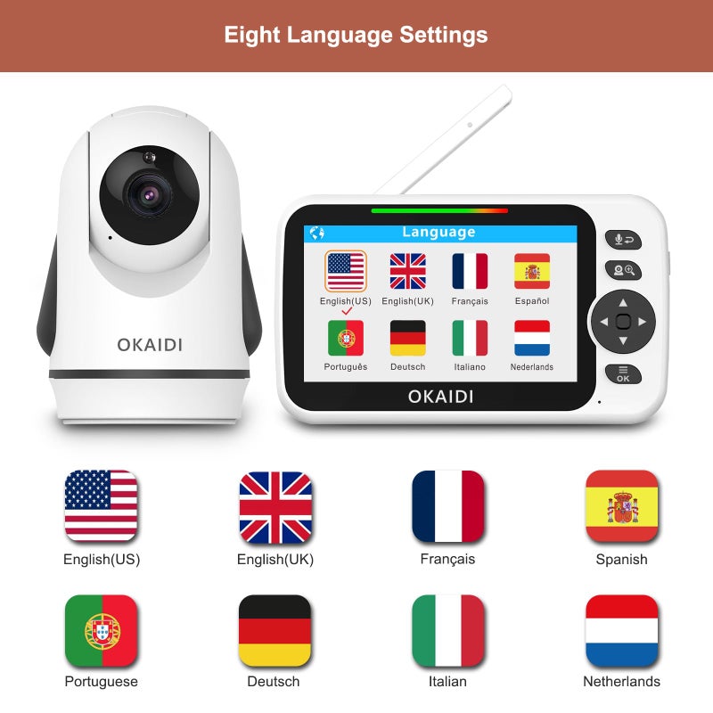 OKAIDI Video Baby Monitor with Camera and Audio, 5" Display Baby Monitor No WiFi, 30H Battery and 1000ft Range, Remote Pan-Tilt-Zoom Baby Camera, Night Vision, 2-Way Talk, ECO, Temperature, Lullaby - Image 4
