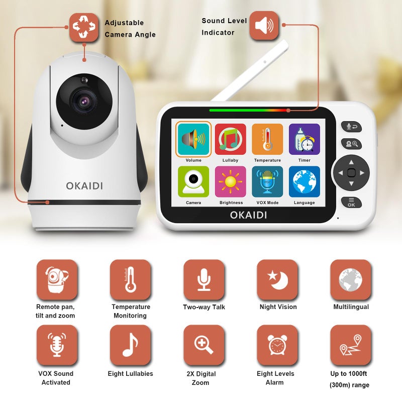 OKAIDI Video Baby Monitor with Camera and Audio, 5" Display Baby Monitor No WiFi, 30H Battery and 1000ft Range, Remote Pan-Tilt-Zoom Baby Camera, Night Vision, 2-Way Talk, ECO, Temperature, Lullaby - Image 2