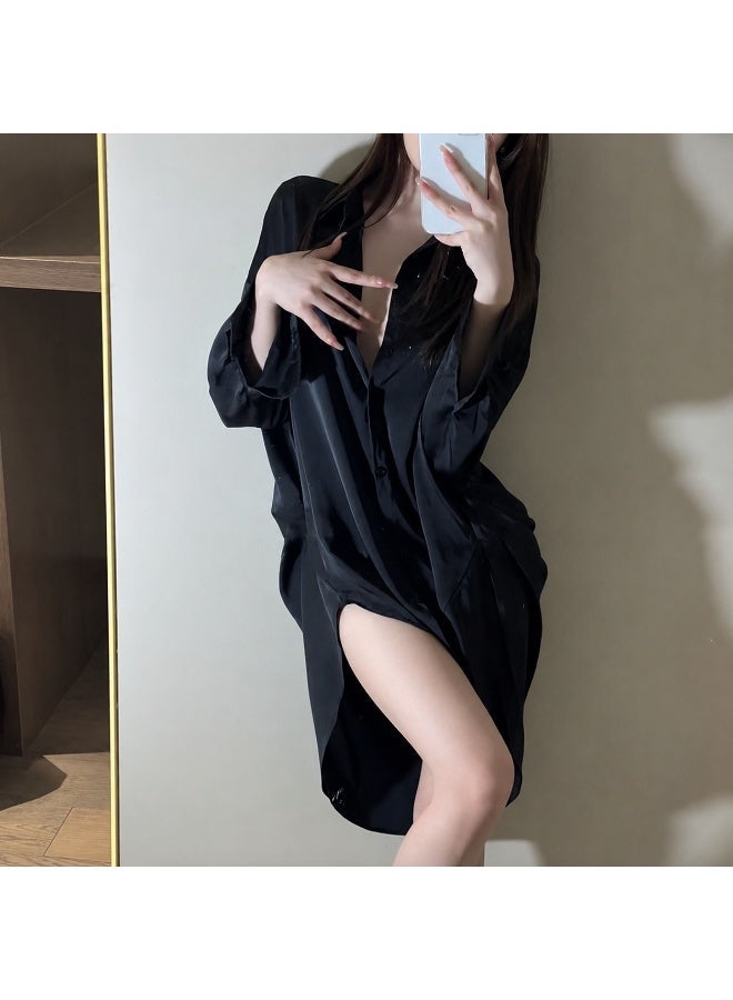 VEYRA 3-Piece Set: Black Satin Robe, Navy Lace Bodysuit and Sheer Stockings - Image 1
