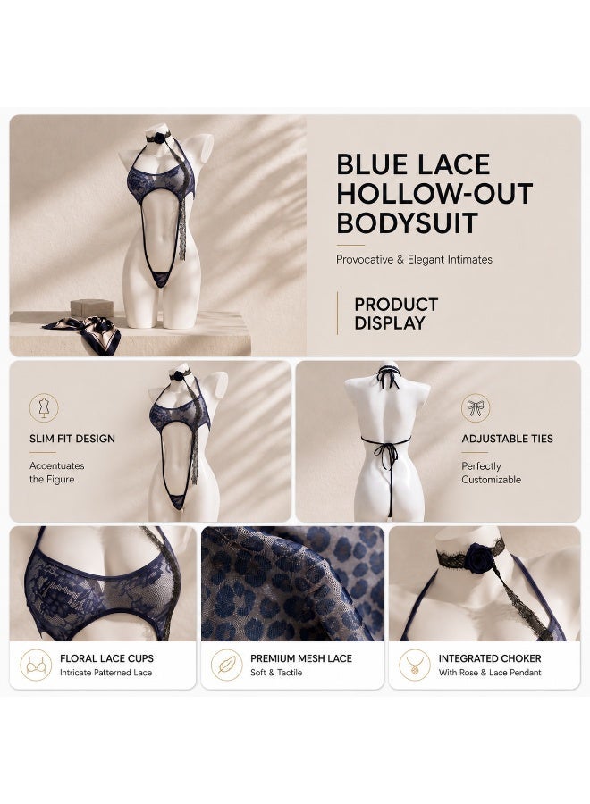 VEYRA 3-Piece Set: Black Satin Robe, Navy Lace Bodysuit and Sheer Stockings - Image 3