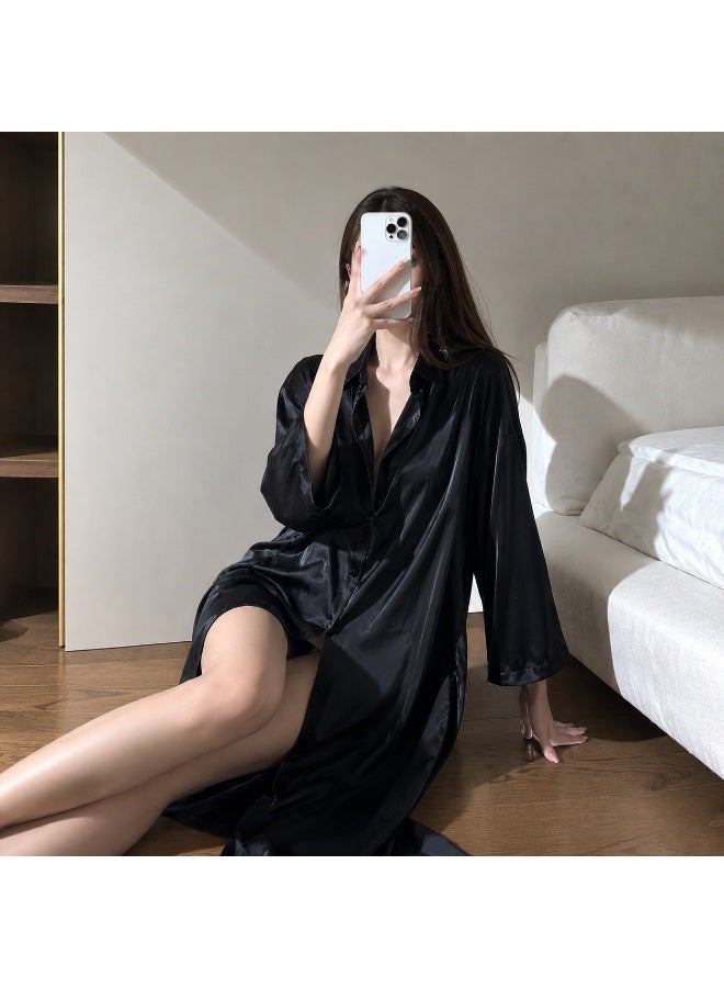 VEYRA 3-Piece Set: Black Satin Robe, Navy Lace Bodysuit and Sheer Stockings - Image 2