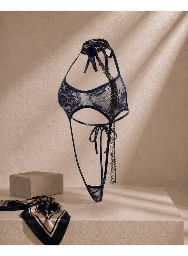 VEYRA 3-Piece Set: Black Satin Robe, Navy Lace Bodysuit and Sheer Stockings - Image 4