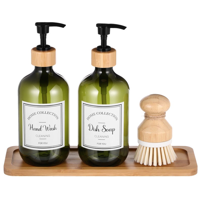 Zopeal 4 Pcs 16 oz Kitchen Soap Dispenser Set with Bamboo Tray and Dish Brush Plastic Soap Dispenser Set with Waterproof Labels for Hand Dish LotionGreen