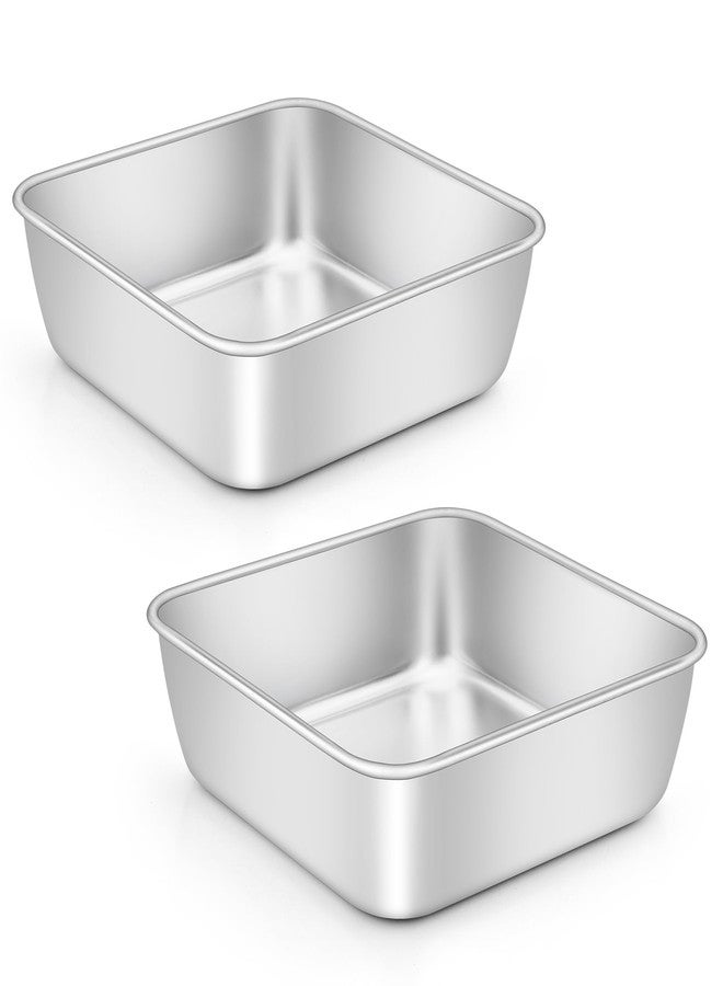 E-far 6x6 Inch Square Cake Pans Set of 2, Stainless Steel Small Baking Pan for Lasagna Brownies Casseroles, Silver Square Bakeware for Oven Cooking, Non-Toxic & Rust Free, Dishwasher Safe, 2 Inch deep - Image 1