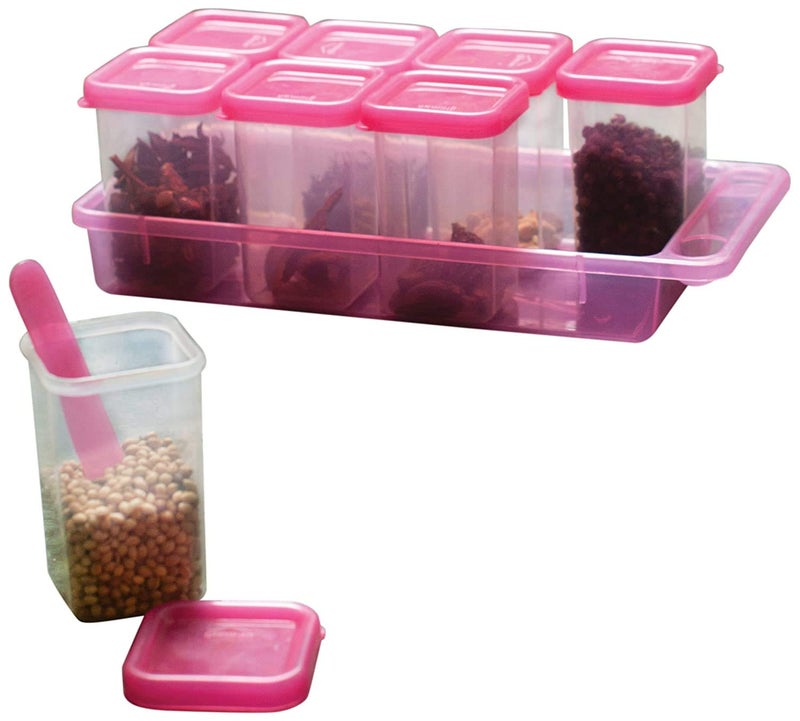Gluman Plastic Masala Container Set With Organiser Tray&Spoon|Spice Organiser With Pre-Printed Sticker Labels | 100% Food Grade|Dishwasher Safe|Freezer Safe|Microwave Safe|Reusable (Pink),Pack of 1 - Image 1