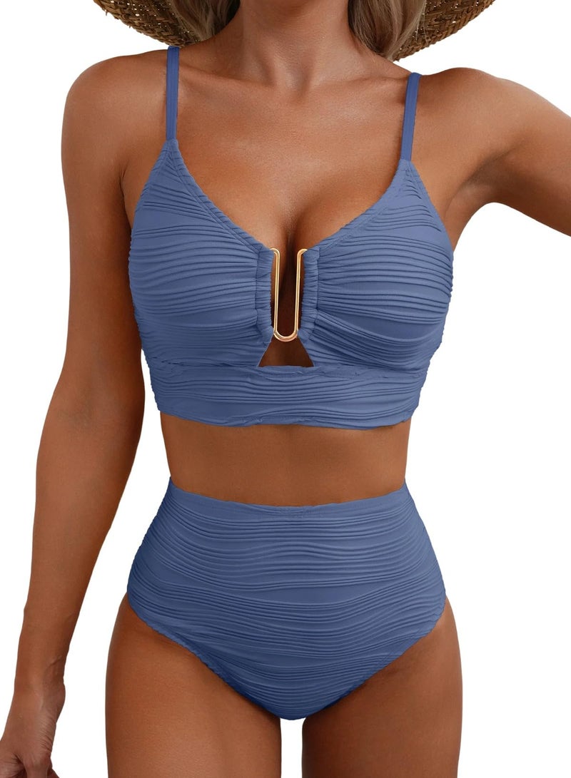 Herseas Women Swimsuits 2 Piece U-Wired Push up Ribbed Ruched High Rise Bikini Sets Longline Modest Solid Swim Suit 2026 Tummy Control Slimming Bathing Suits Sky Blue Large - Image 1