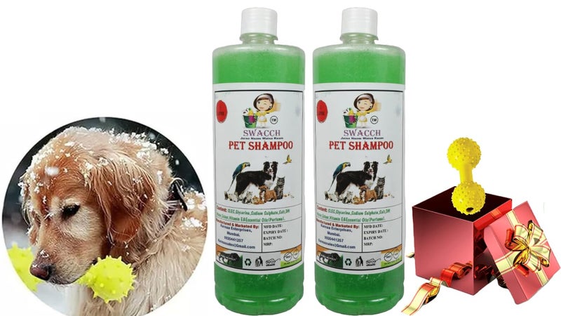 swacch Pet Shampoo + Dumbbell Toy I Durable Rubber Dog Toy for Chewing I Playing,Teeth Cleaning & Training Toy I Combo Pack I 1 Litre Pack of 2 Neem Alovera - Image 1