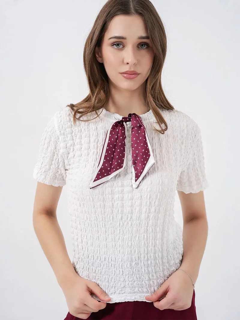 BIG DART BDART Textured Crew Neck Blouse with Scarf Detail