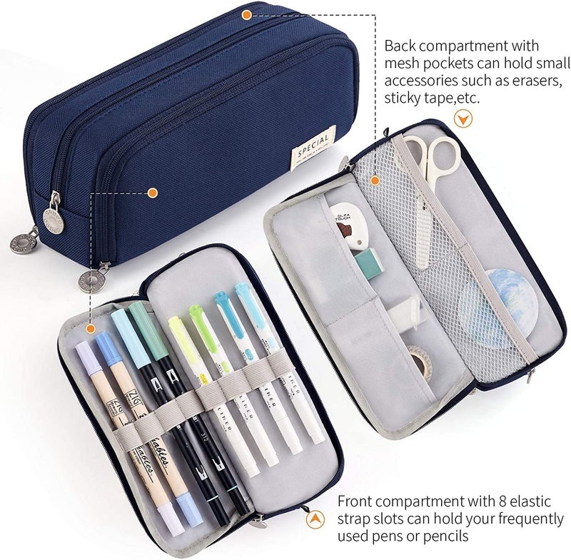 FINEMOE Canvas Large Capacity Pencil Box for Girls & Boys, 3 Compartments Pen & Pencil Pouches, Aesthetic Stationery Pouch for School Kids College Students, Cute Stationary Gift for Children (Blue) - Image 3