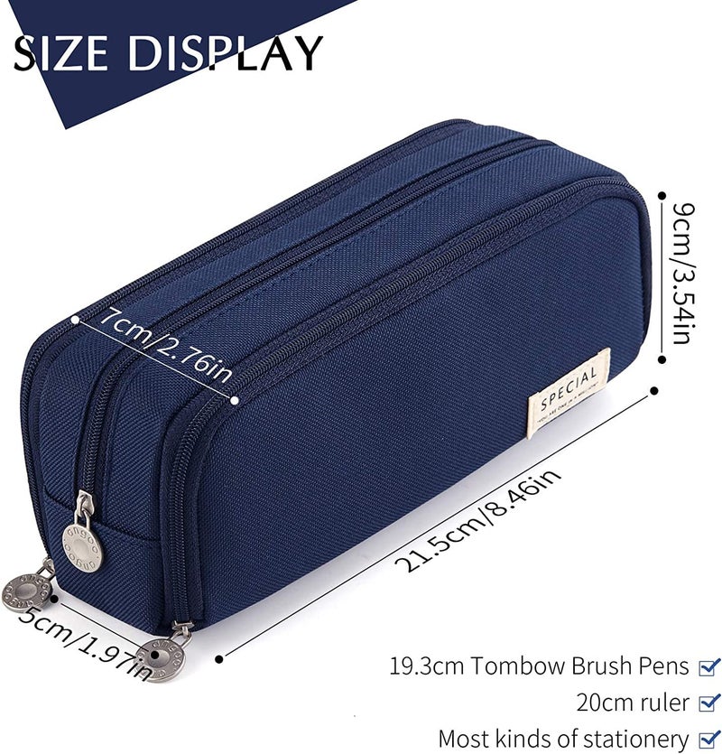 FINEMOE Canvas Large Capacity Pencil Box for Girls & Boys, 3 Compartments Pen & Pencil Pouches, Aesthetic Stationery Pouch for School Kids College Students, Cute Stationary Gift for Children (Blue) - Image 5