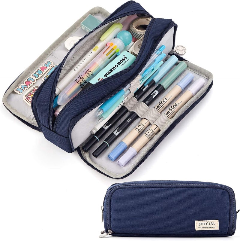 FINEMOE Canvas Large Capacity Pencil Box for Girls & Boys, 3 Compartments Pen & Pencil Pouches, Aesthetic Stationery Pouch for School Kids College Students, Cute Stationary Gift for Children (Blue) - Image 1