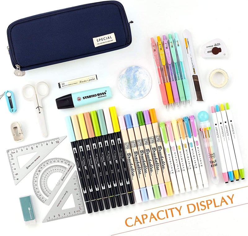 FINEMOE Canvas Large Capacity Pencil Box for Girls & Boys, 3 Compartments Pen & Pencil Pouches, Aesthetic Stationery Pouch for School Kids College Students, Cute Stationary Gift for Children (Blue) - Image 2