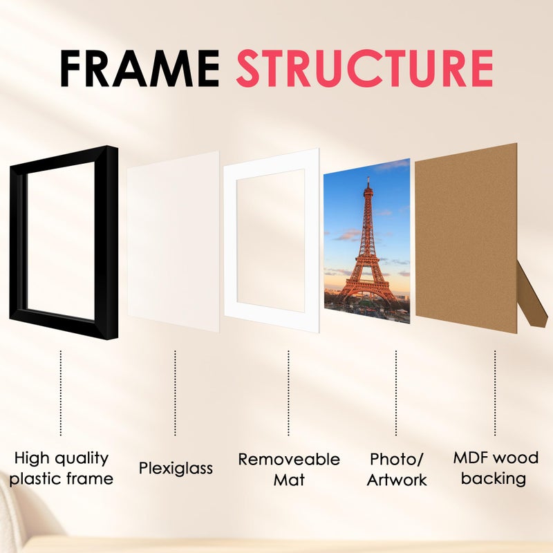 FIXSMITH 8x10 Picture Frame  Black Photo Frame with HD Plexiglass  Display Pictures 5x7 with Mat or 8x10 Without Mat  Picture Frames Collage for Tabletop or Wall Display  2 Pack - Image 3