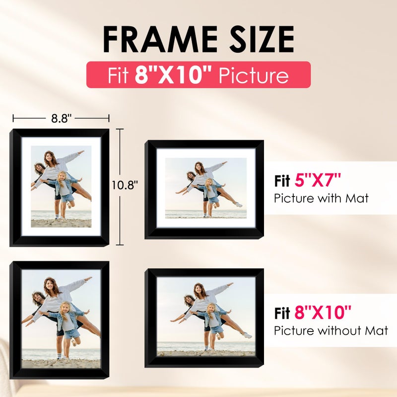 FIXSMITH 8x10 Picture Frame  Black Photo Frame with HD Plexiglass  Display Pictures 5x7 with Mat or 8x10 Without Mat  Picture Frames Collage for Tabletop or Wall Display  2 Pack - Image 2