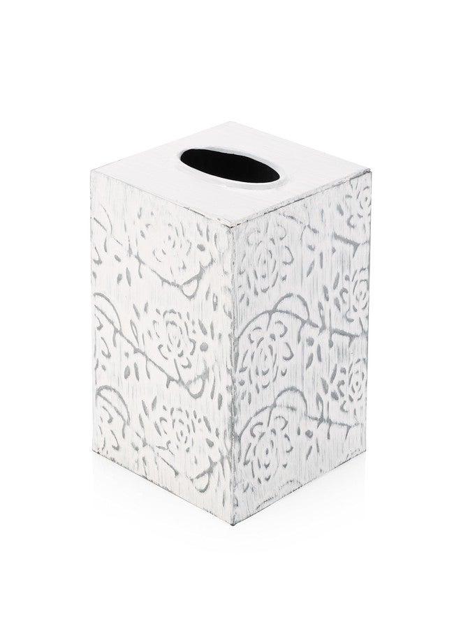 CRAFTSMAN ROAD حامل علبة مناديل بتصميم ريفي أنيق وعصري، غطاء معدني مزخرف، نمط مربع أبيض ريفي - Image 1