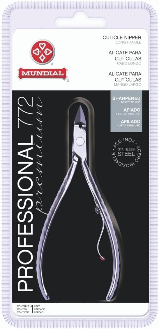 Mundial Professional Cuticle Nipper Mundial 772 PR - Brazilian Manicure Quality Long Handle Stainless Steel Trimmer Cutter for Fingernails and Toenails